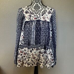 Knox Rose Navy and Cream Floral Blouse Size Large